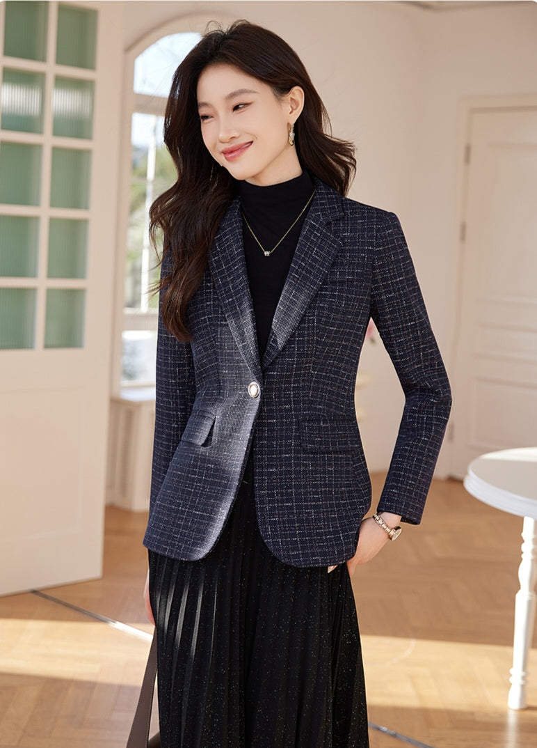 Fashionable Women's Cotton Tweed Plaid Suit Jacket
