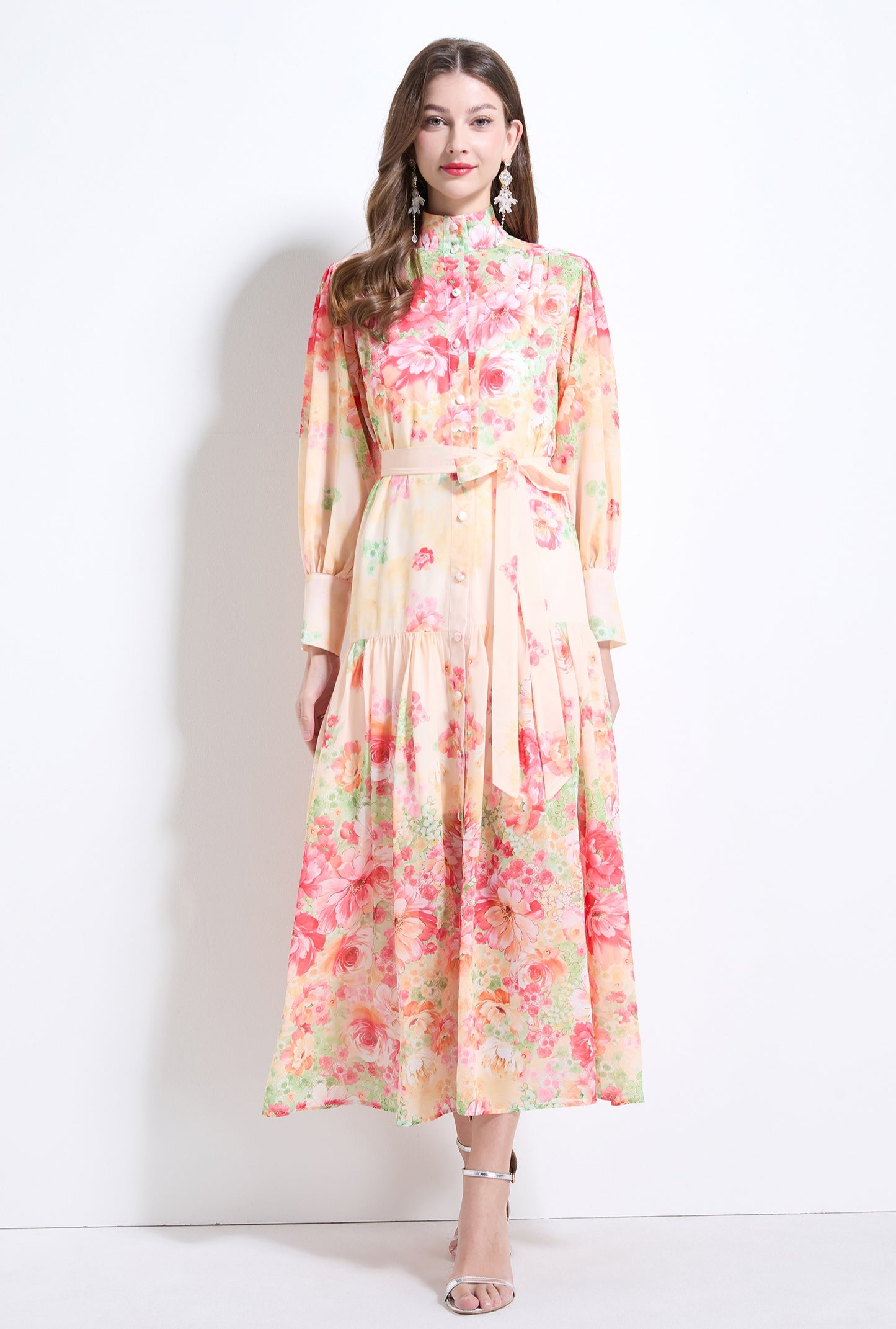 Floral Long-sleeve Chiffon Dress