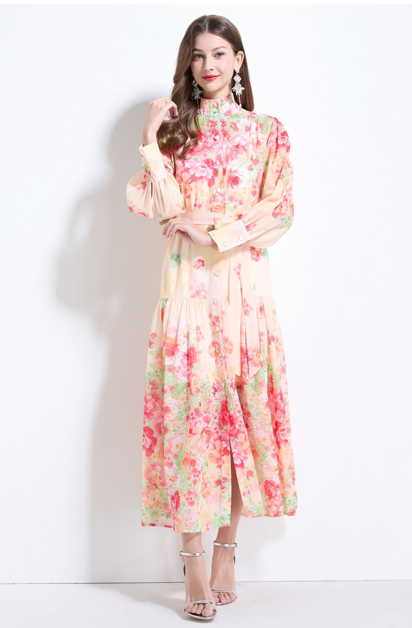 Floral Long-sleeve Chiffon Dress