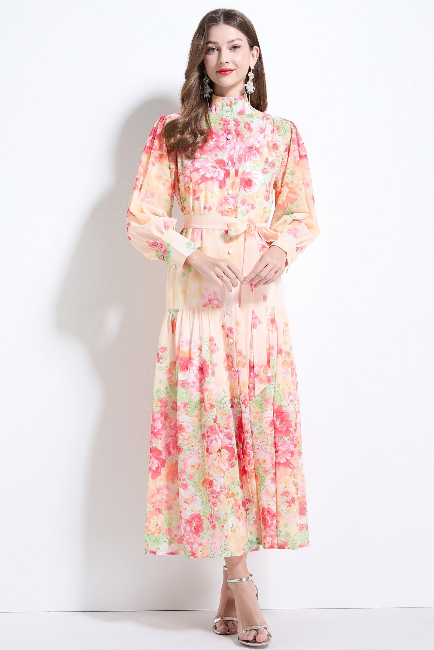Floral Long-sleeve Chiffon Dress