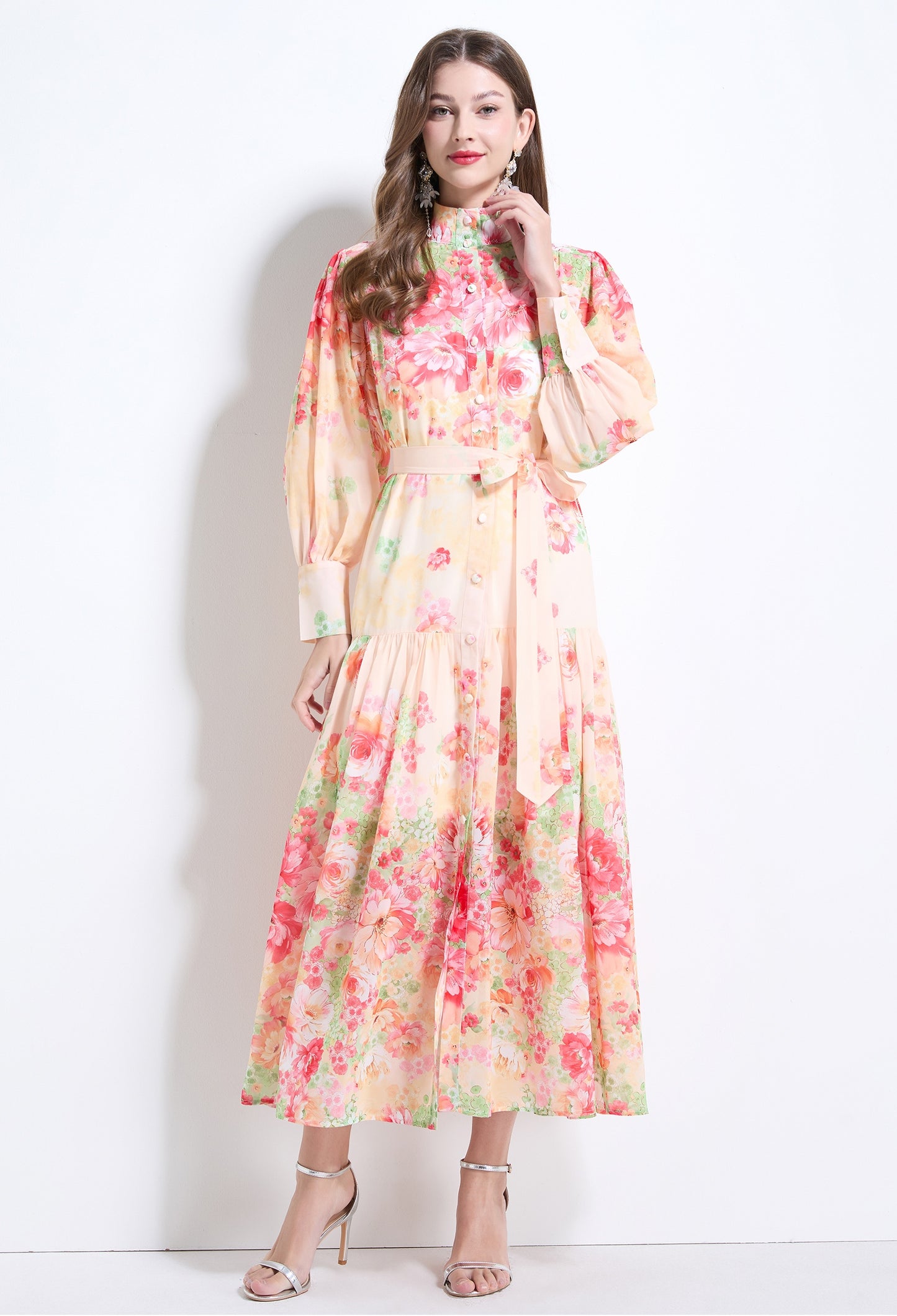 Floral Long-sleeve Chiffon Dress