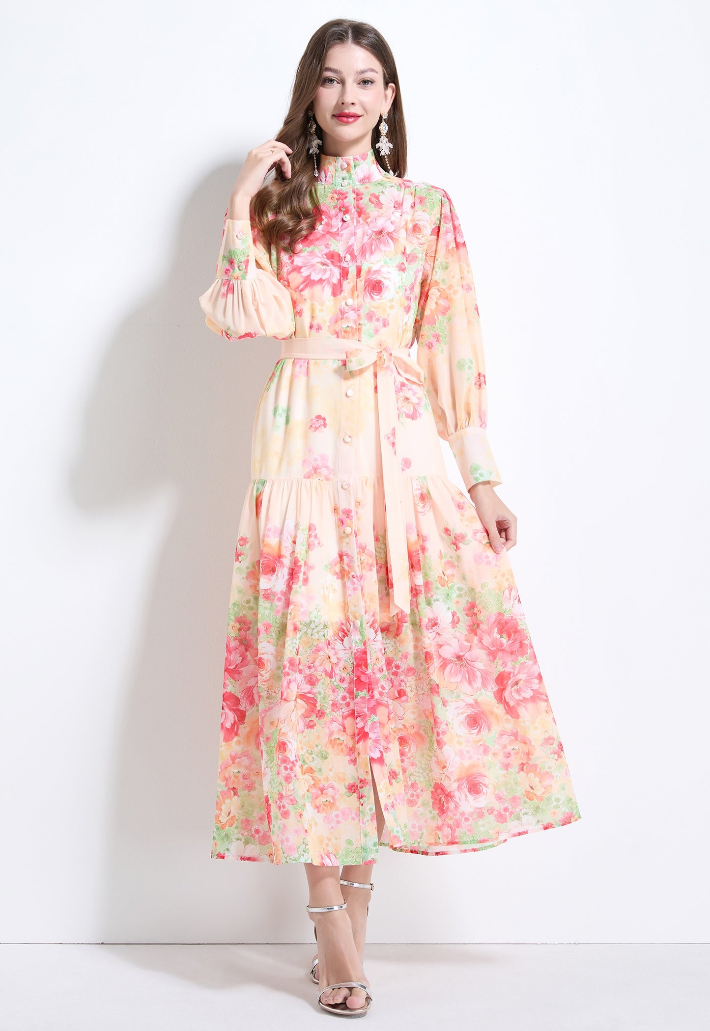 Floral Long-sleeve Chiffon Dress
