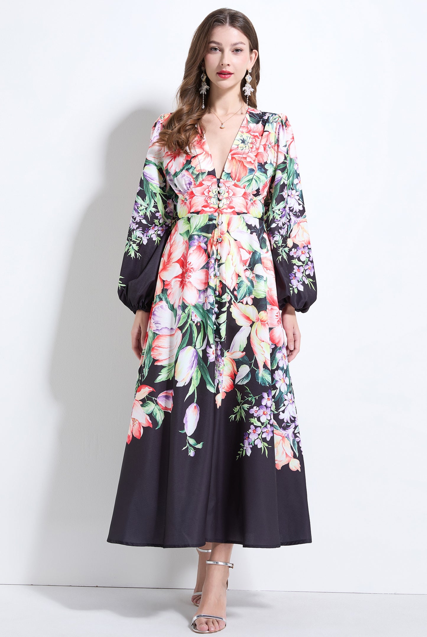Black Floral V-neck Ruffle Dress