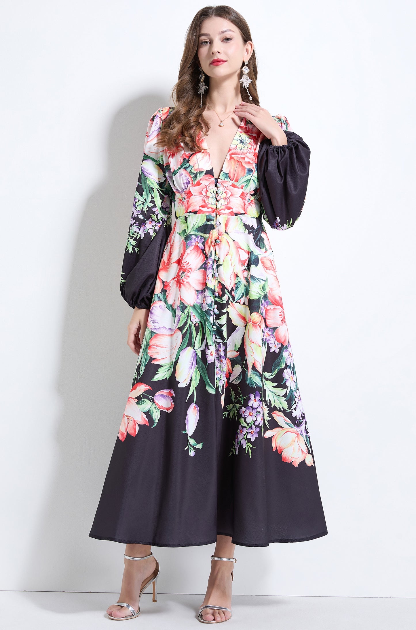 Black Floral V-neck Ruffle Dress