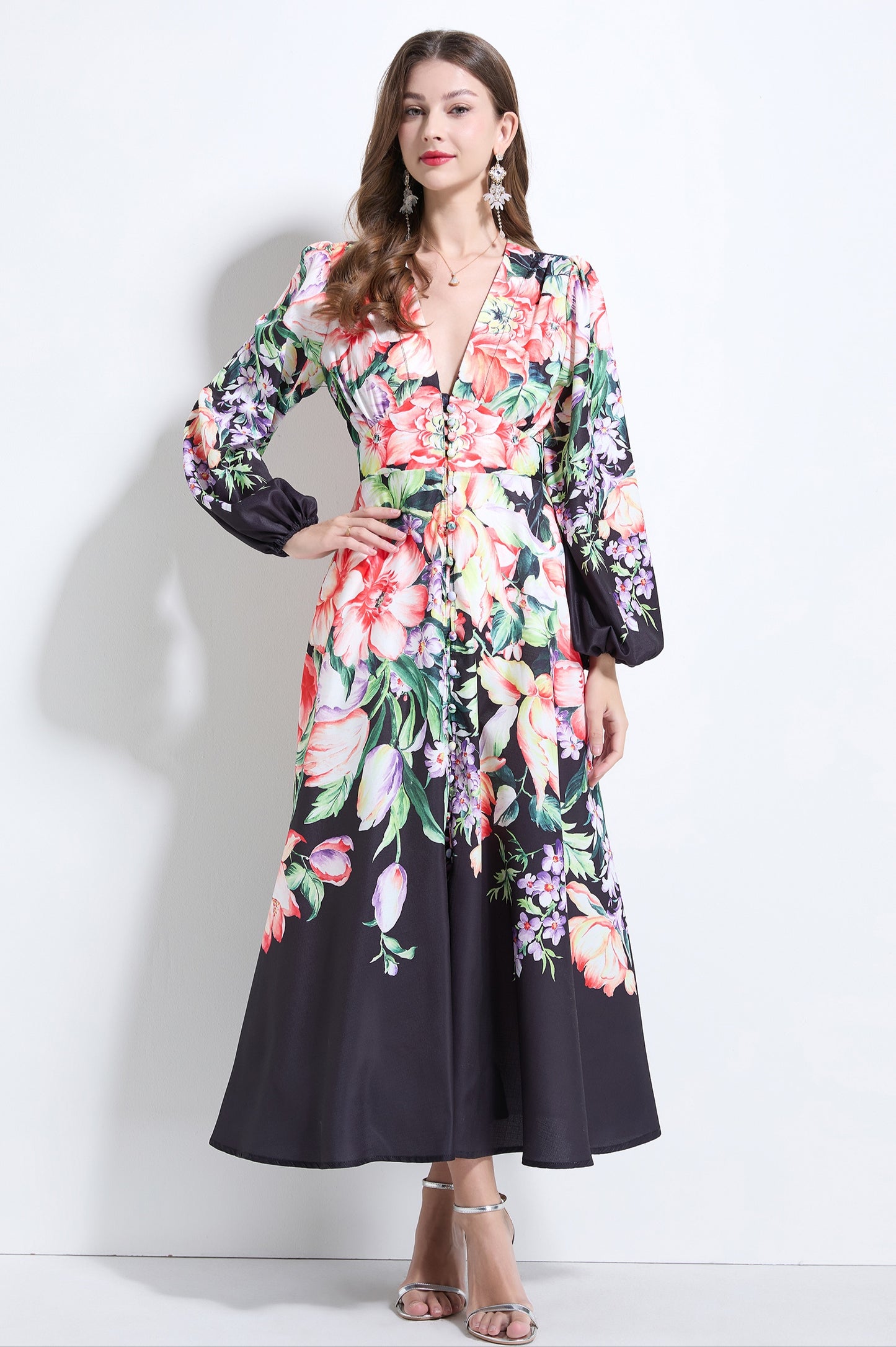 Black Floral V-neck Ruffle Dress