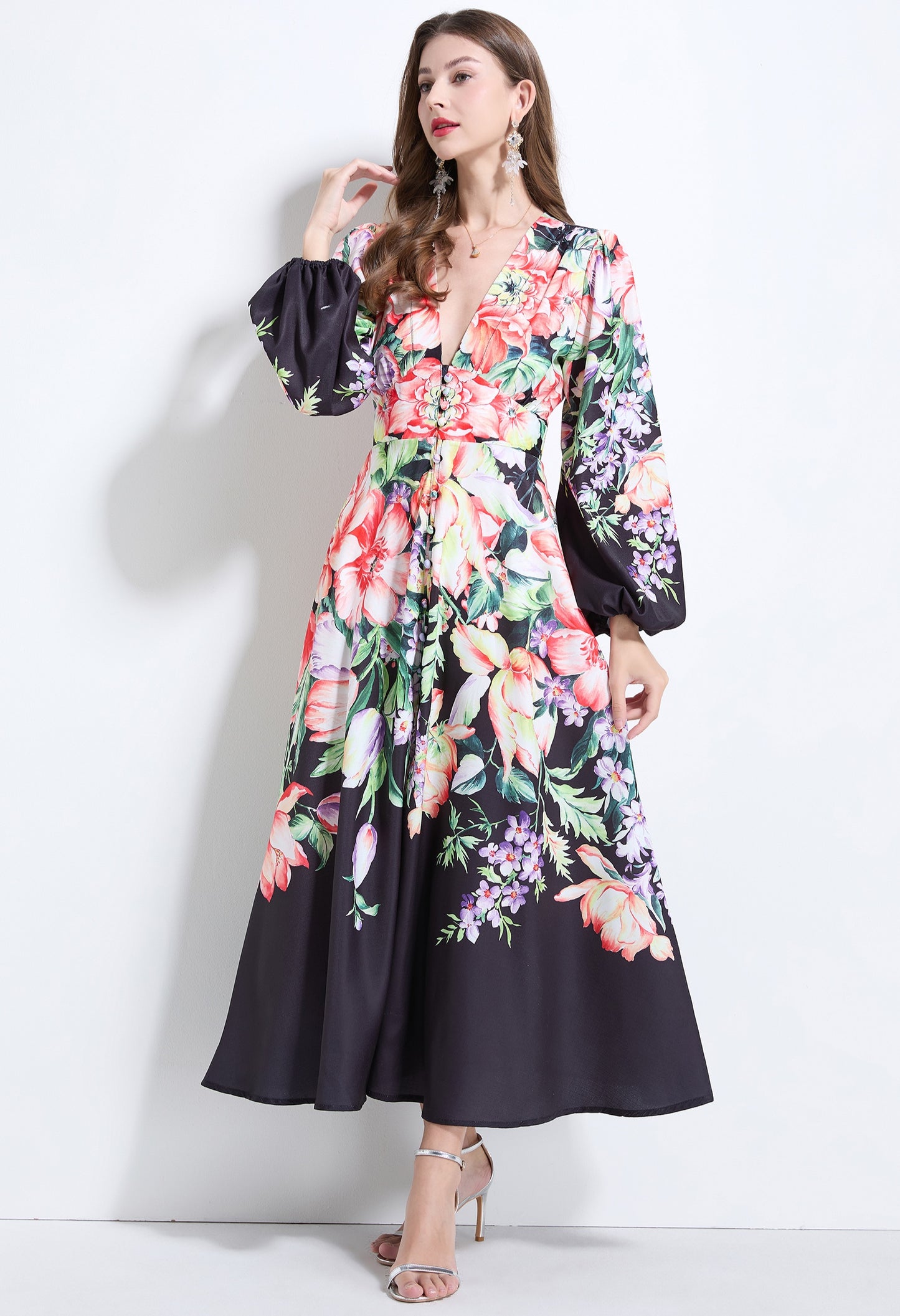 Black Floral V-neck Ruffle Dress