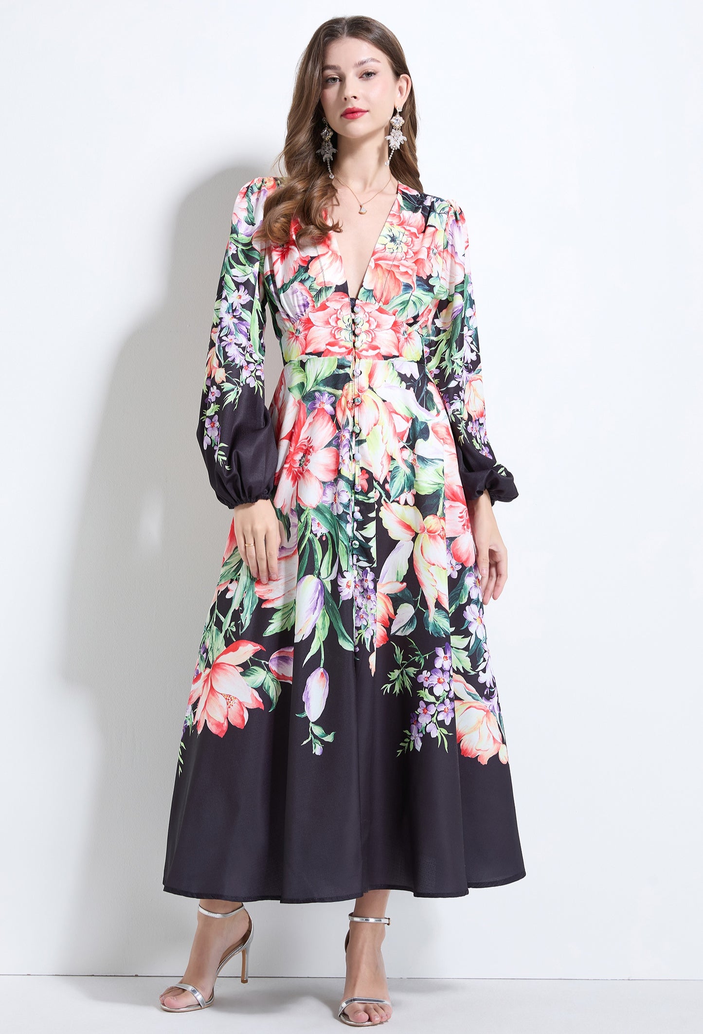 Black Floral V-neck Ruffle Dress