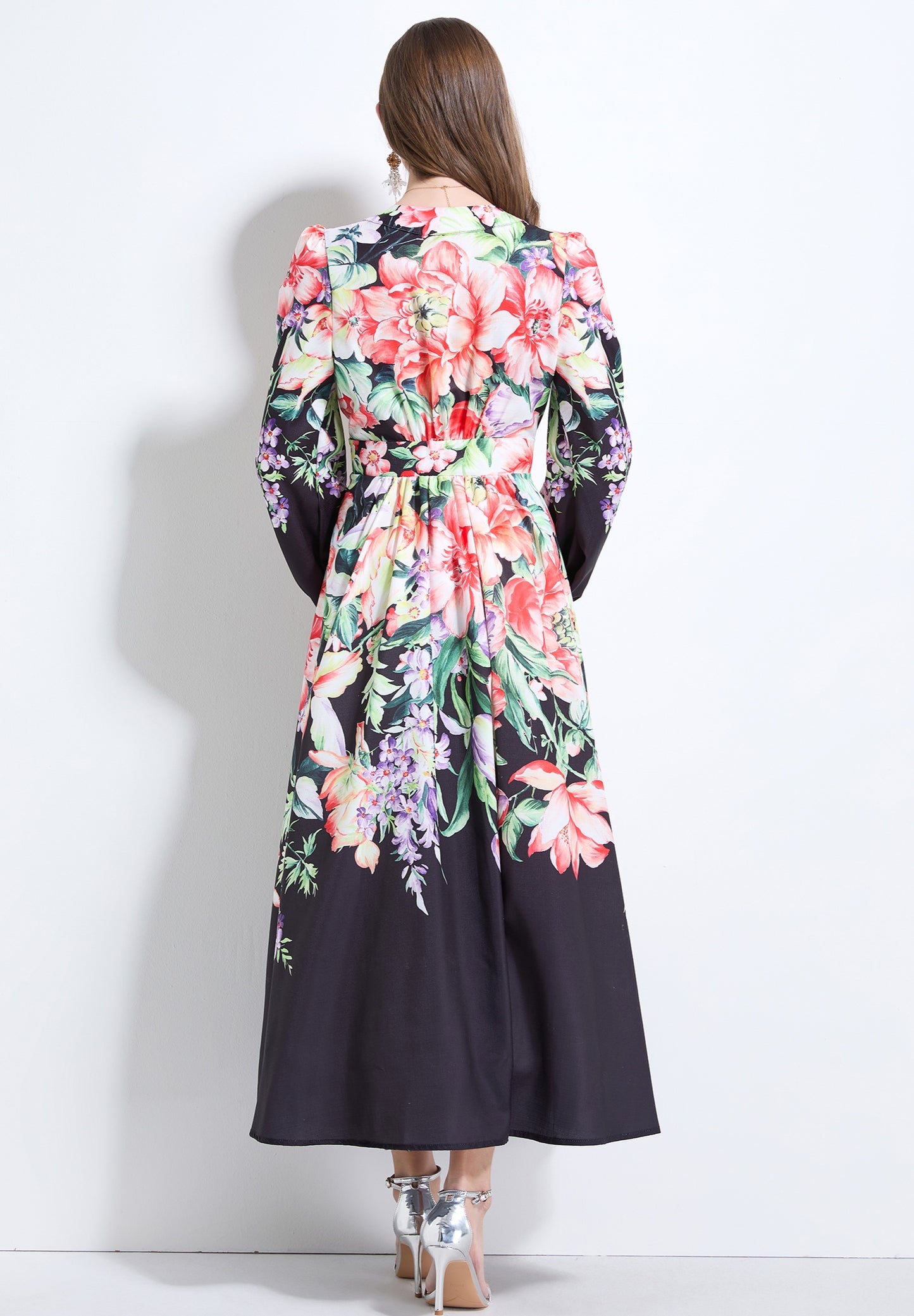 Black Floral V-neck Ruffle Dress