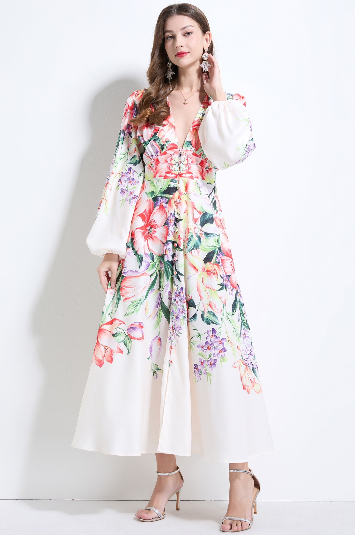 Apricot Floral V-neck Ruffle Dress