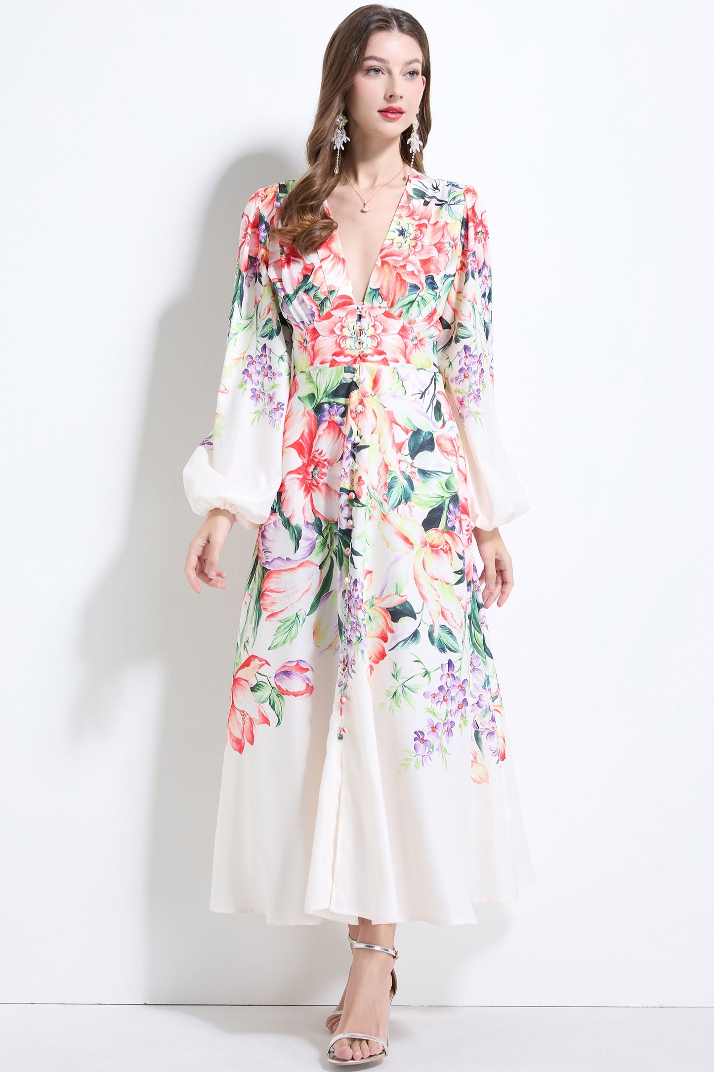Apricot Floral V-neck Ruffle Dress