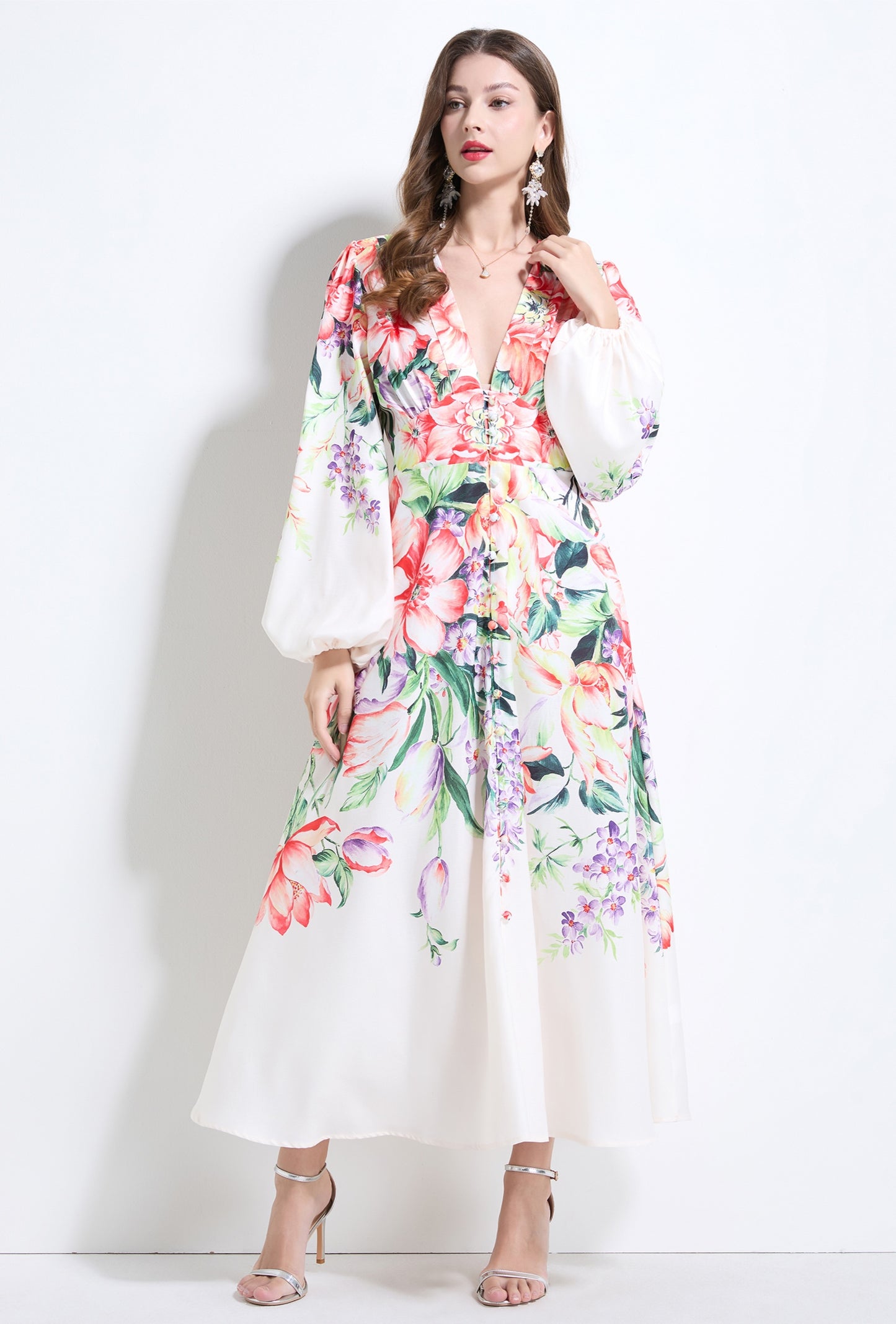 Apricot Floral V-neck Ruffle Dress