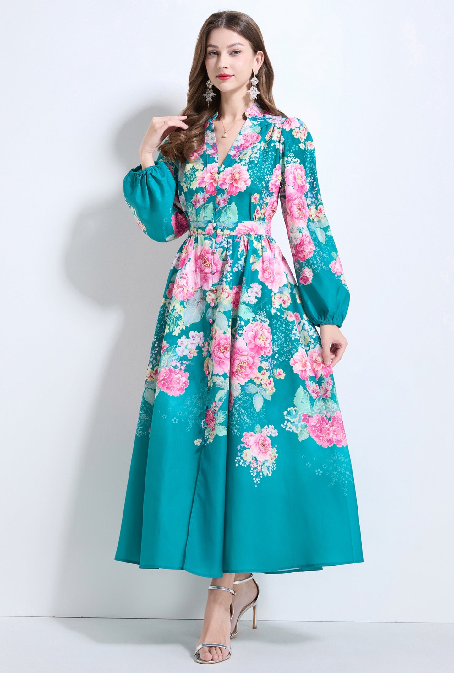 Green Floral V-neck Ruffle Dress