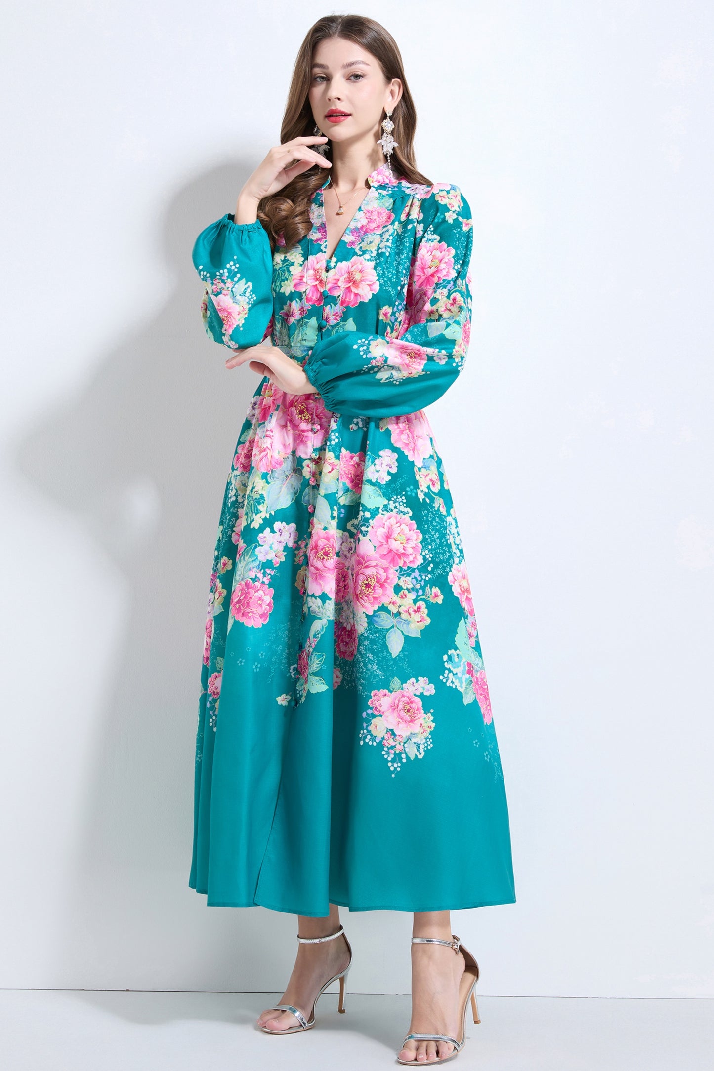 Green Floral V-neck Ruffle Dress
