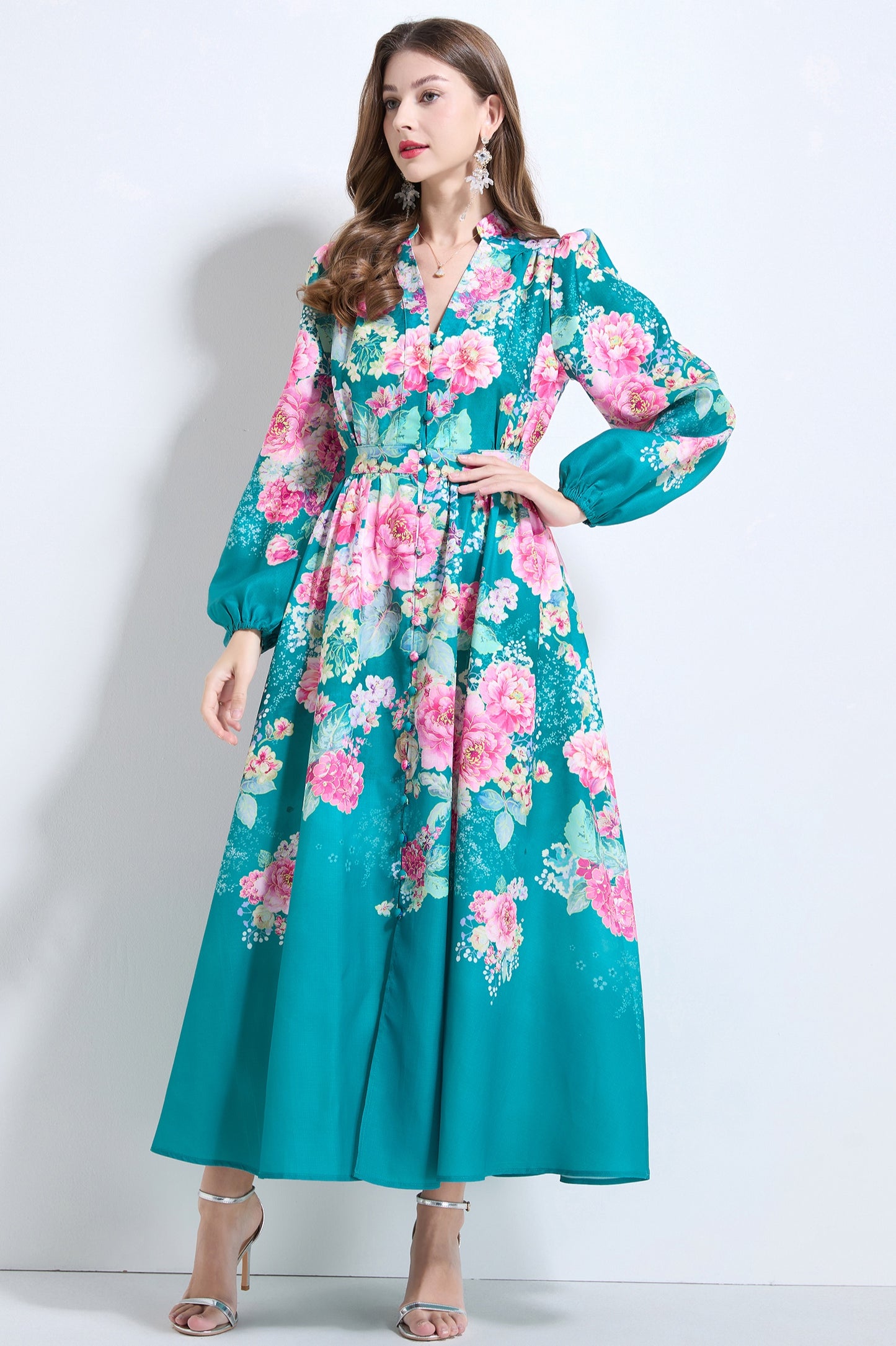 Green Floral V-neck Ruffle Dress