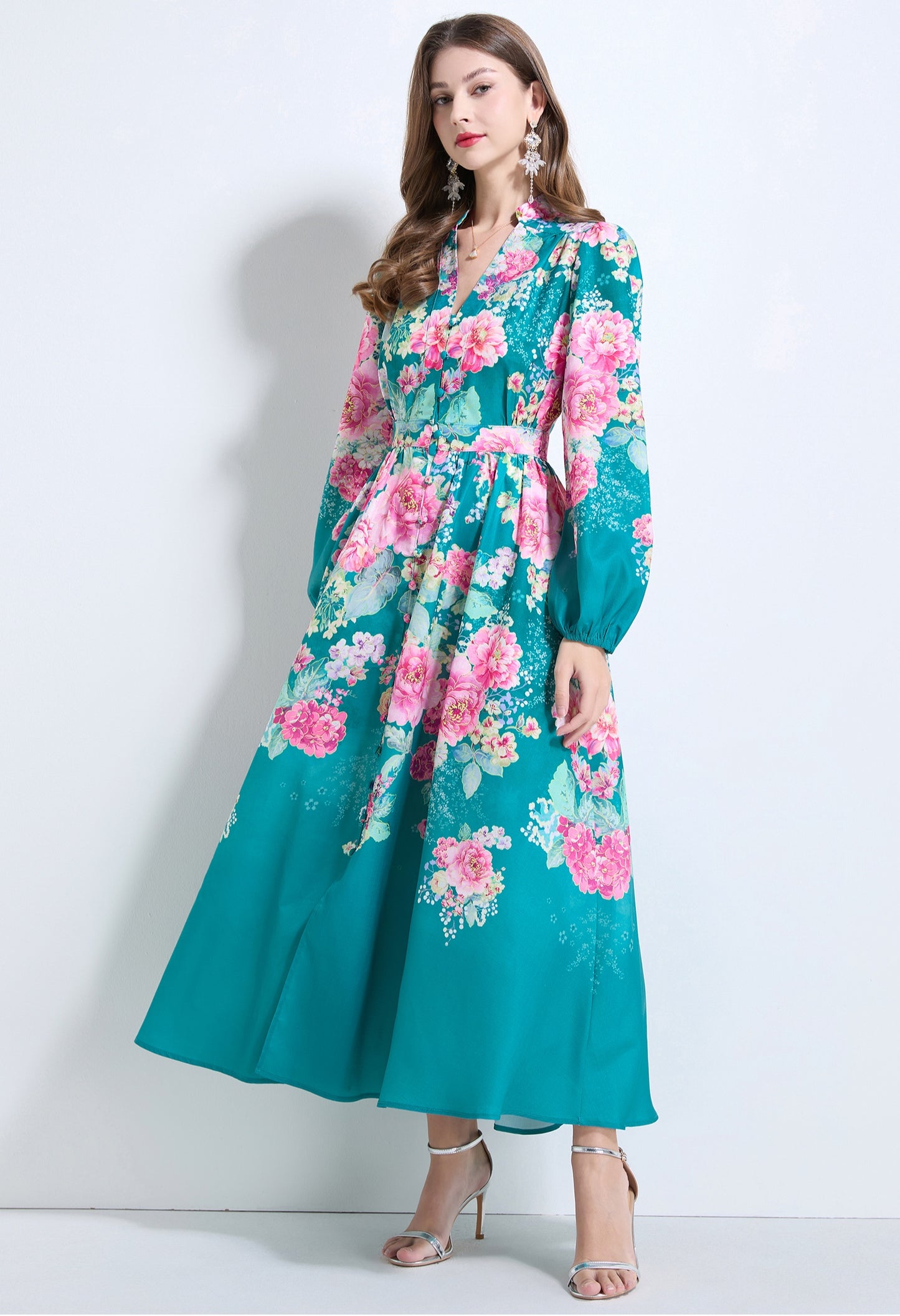 Green Floral V-neck Ruffle Dress