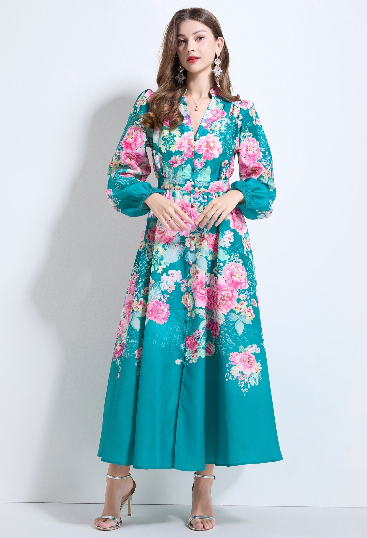 Green Floral V-neck Ruffle Dress