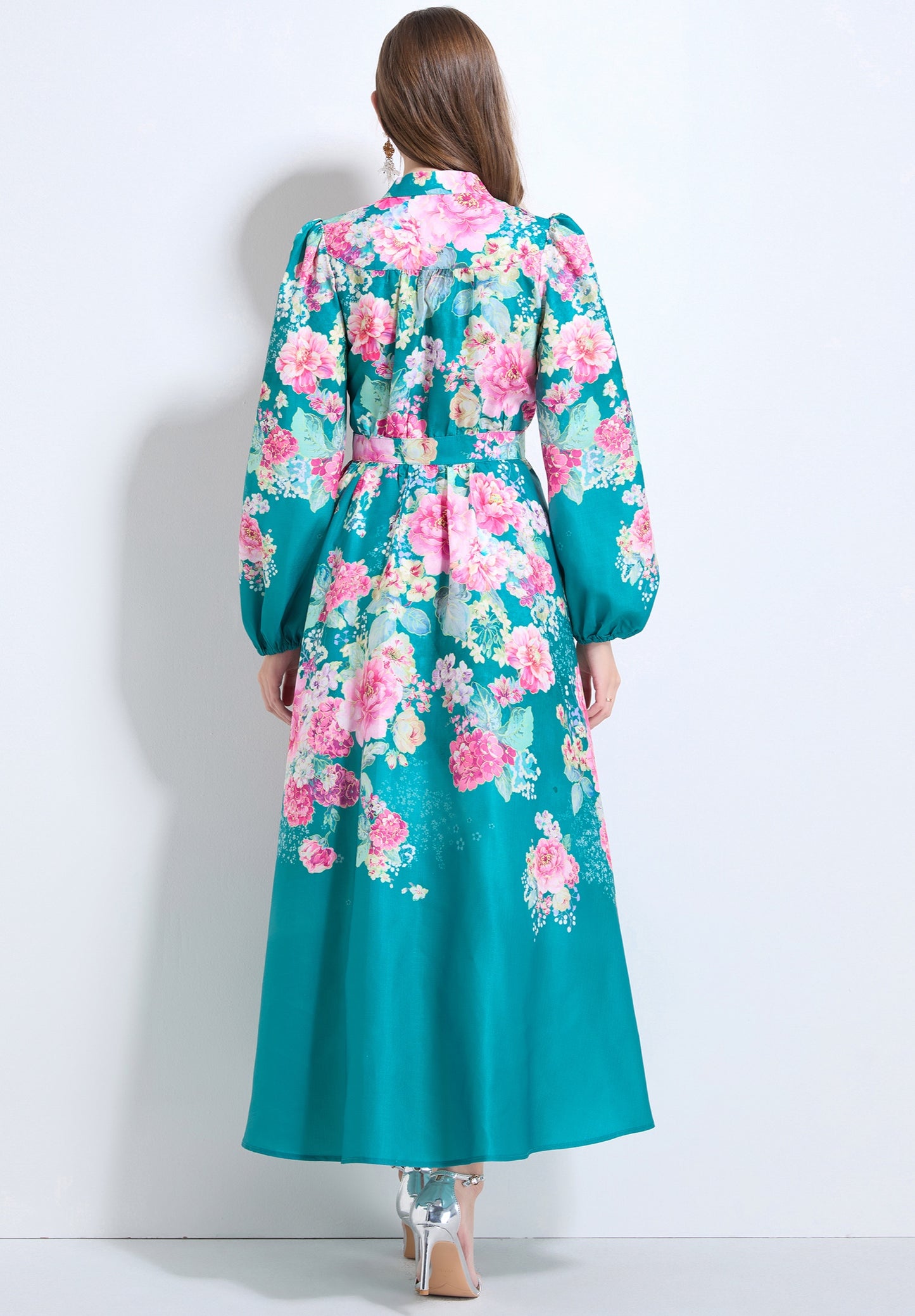 Green Floral V-neck Ruffle Dress