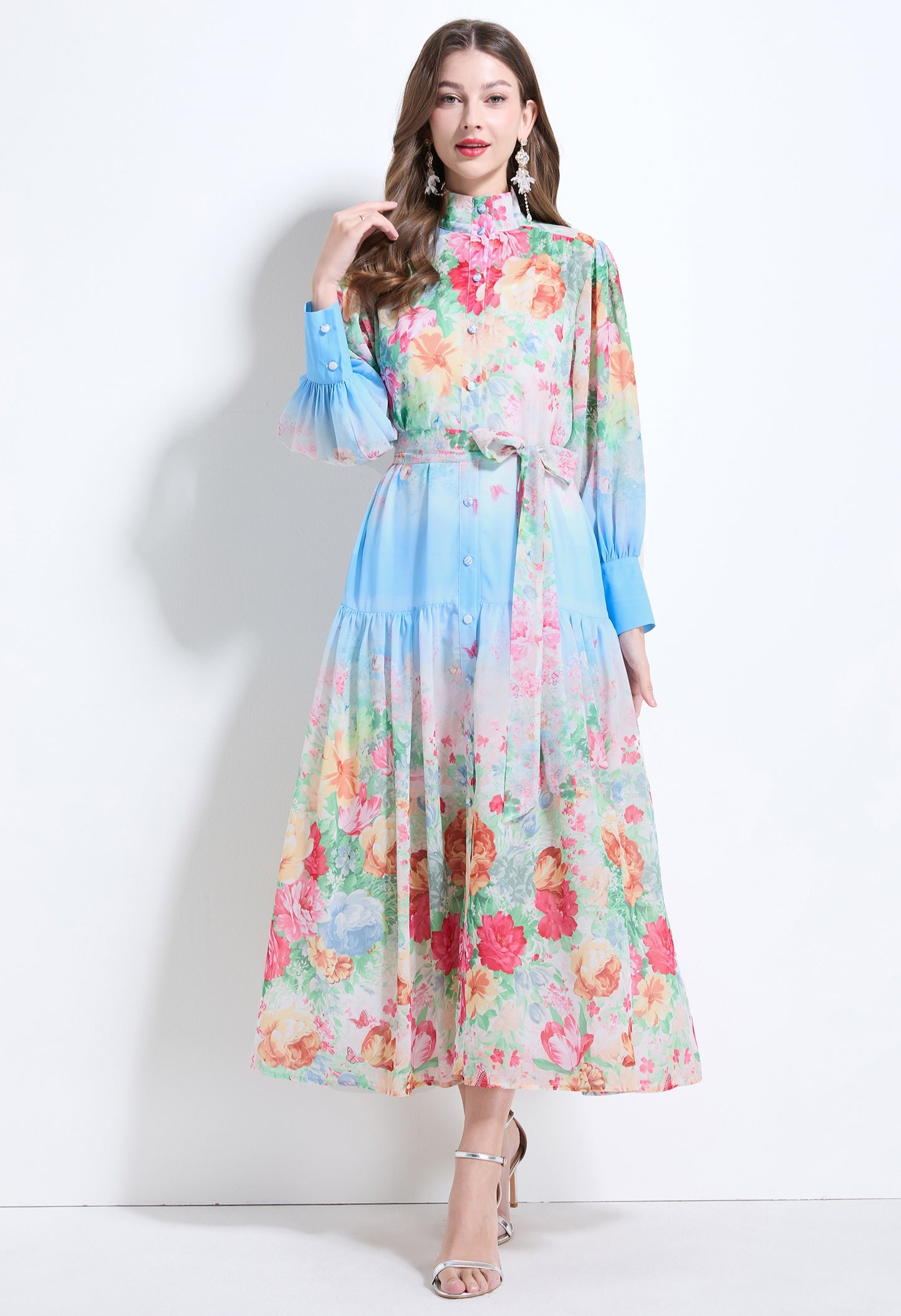 Blue Floral Long-sleeve Chiffon Dress