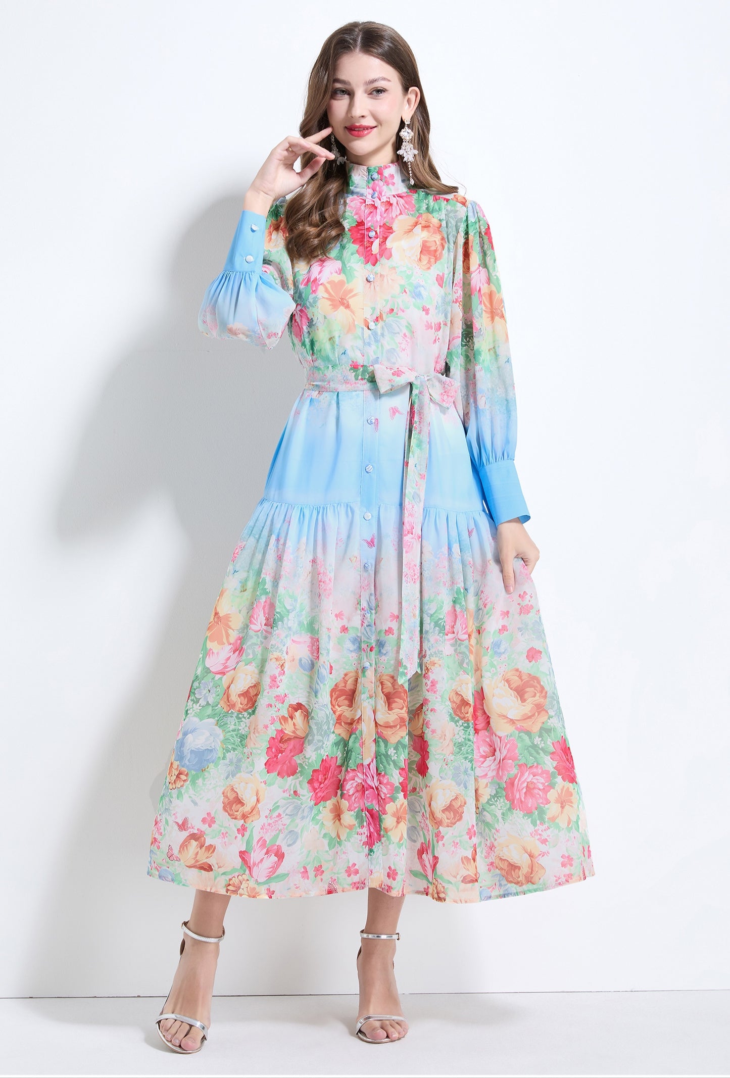 Blue Floral Long-sleeve Chiffon Dress