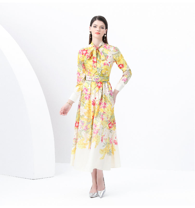 Yellow Floral Lantern Sleeve Pleated Dress