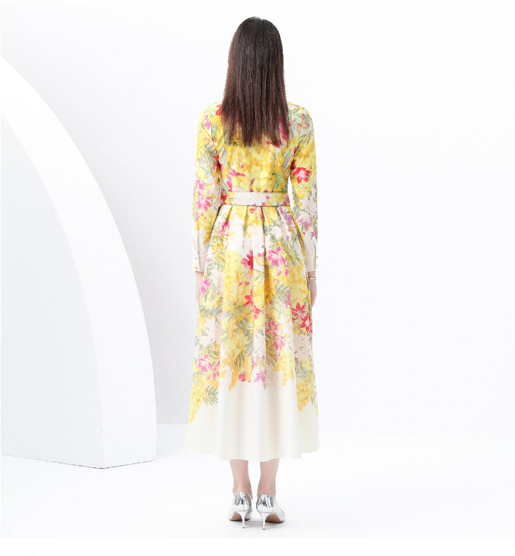 Yellow Floral Lantern Sleeve Pleated Dress