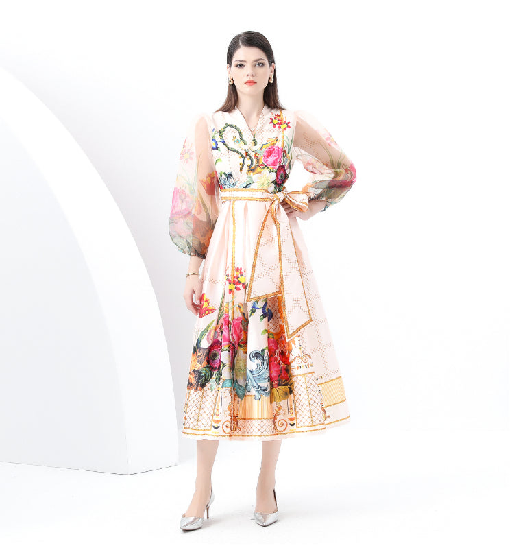 V-neck Floral Lantern Sleeve Mid Length Elegant Dress