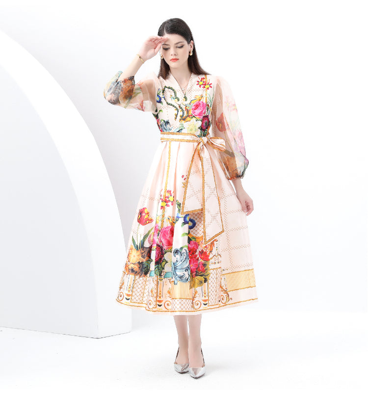 V-neck Floral Lantern Sleeve Mid Length Elegant Dress