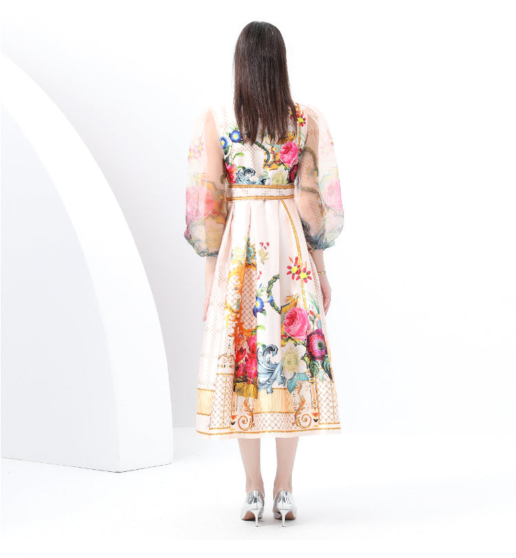 V-neck Floral Lantern Sleeve Mid Length Elegant Dress