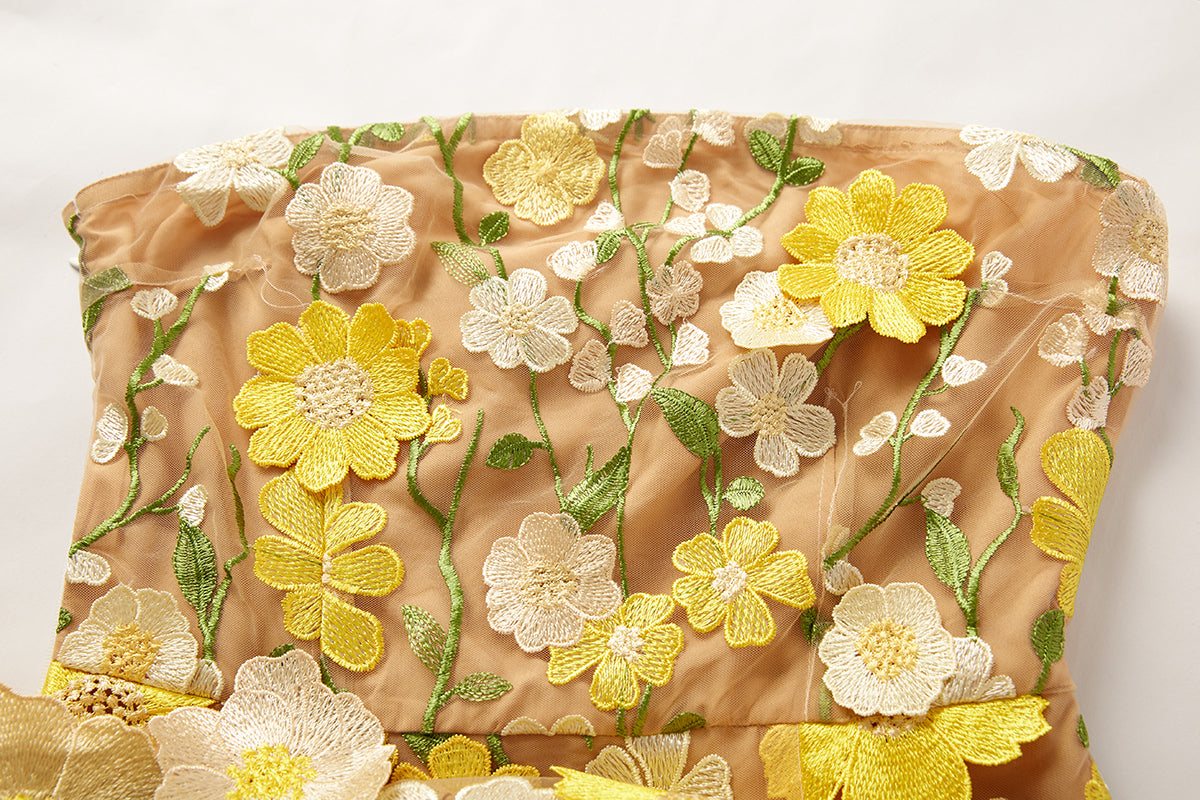 Yellow Flower Embroidery Asymmetrical Off Shoulders Evening Dress