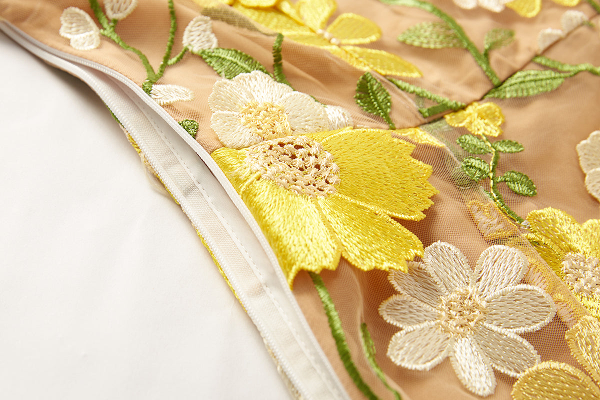 Yellow Flower Embroidery Asymmetrical Off Shoulders Evening Dress