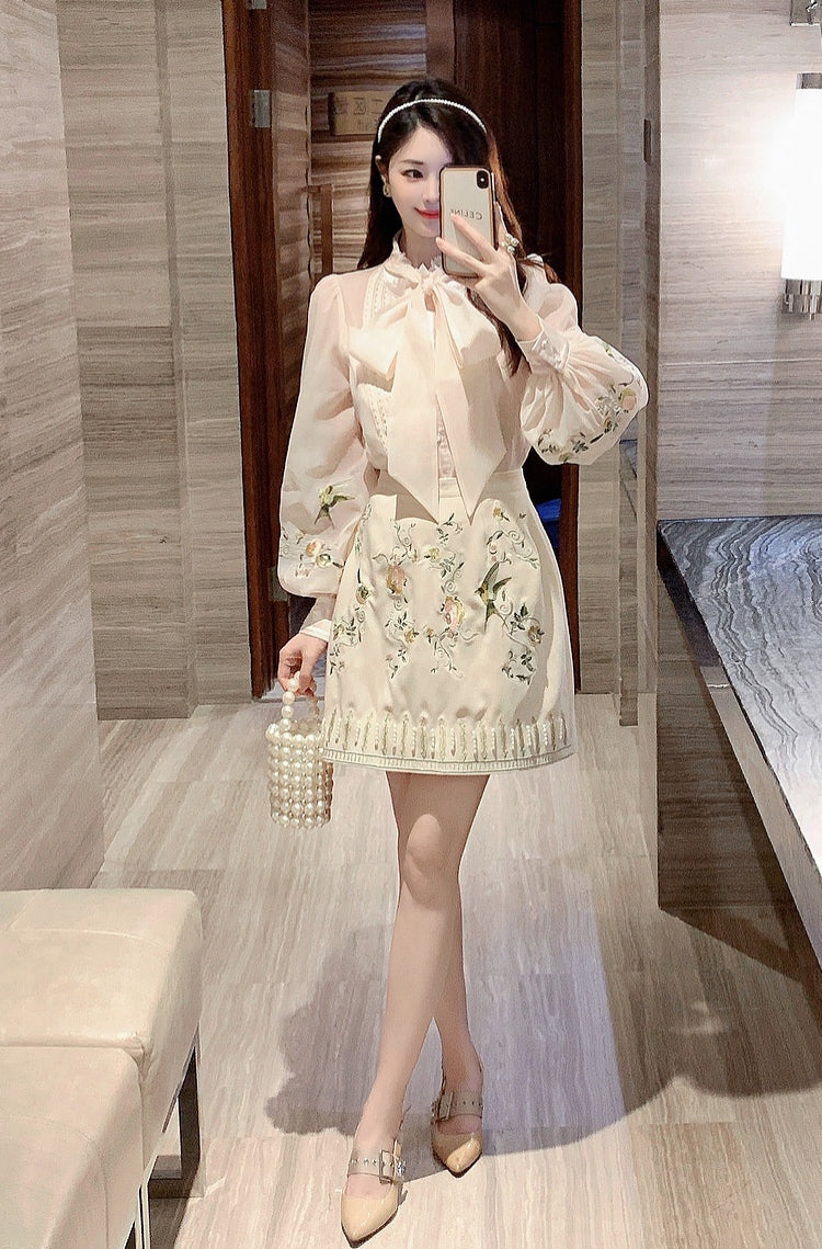 Embroidery lace-up bowTop + Skirt Two Pieces Set