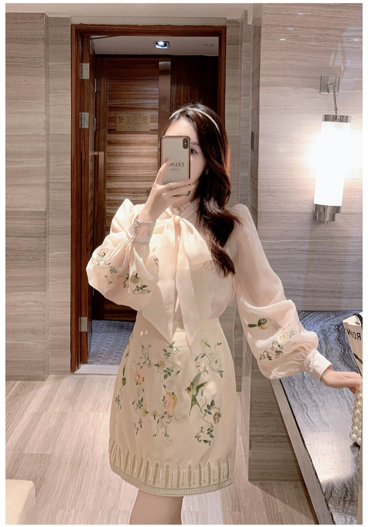 Embroidery lace-up bowTop + Skirt Two Pieces Set