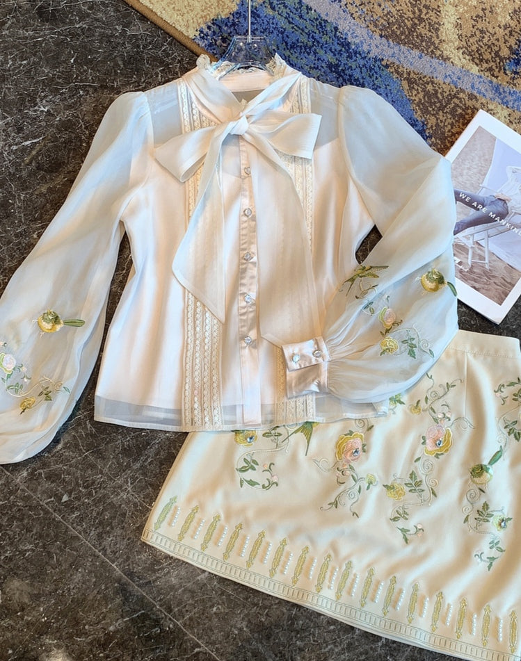 Embroidery lace-up bowTop + Skirt Two Pieces Set