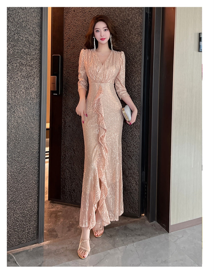 V-neck Sequin Evening Dress