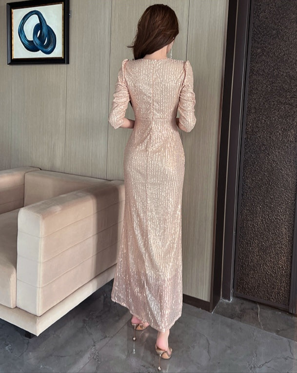 V-neck Sequin Evening Dress