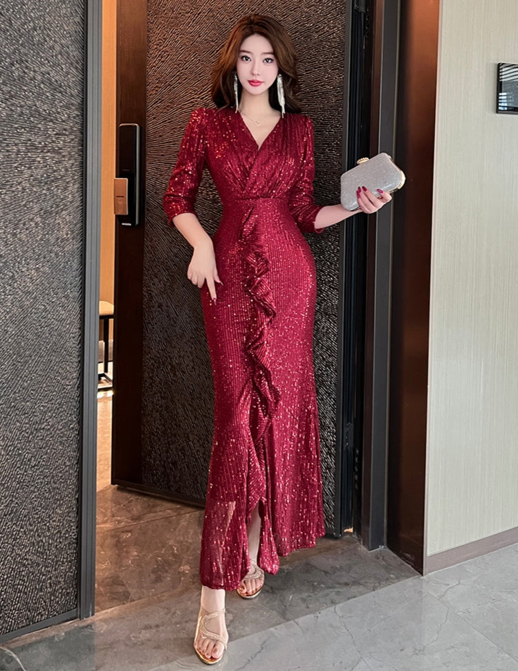 V-neck Sequin Evening Dress
