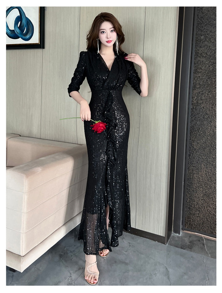 V-neck Sequin Evening Dress