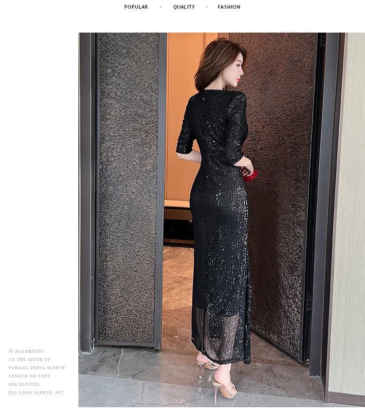V-neck Sequin Evening Dress