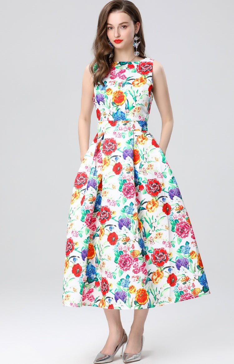Floral Sleeveless Mid-length Dress