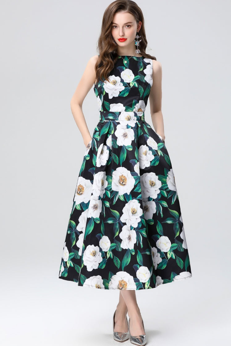 Green Floral Sleeveless Mid-length Dress