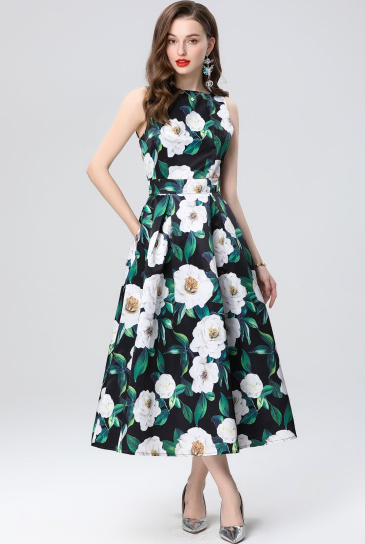 Green Floral Sleeveless Mid-length Dress