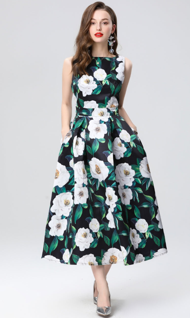 Green Floral Sleeveless Mid-length Dress