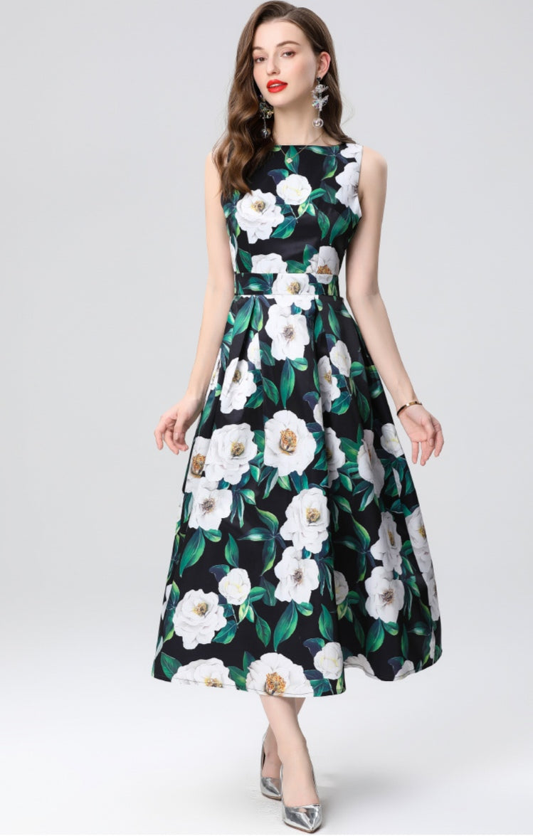 Green Floral Sleeveless Mid-length Dress
