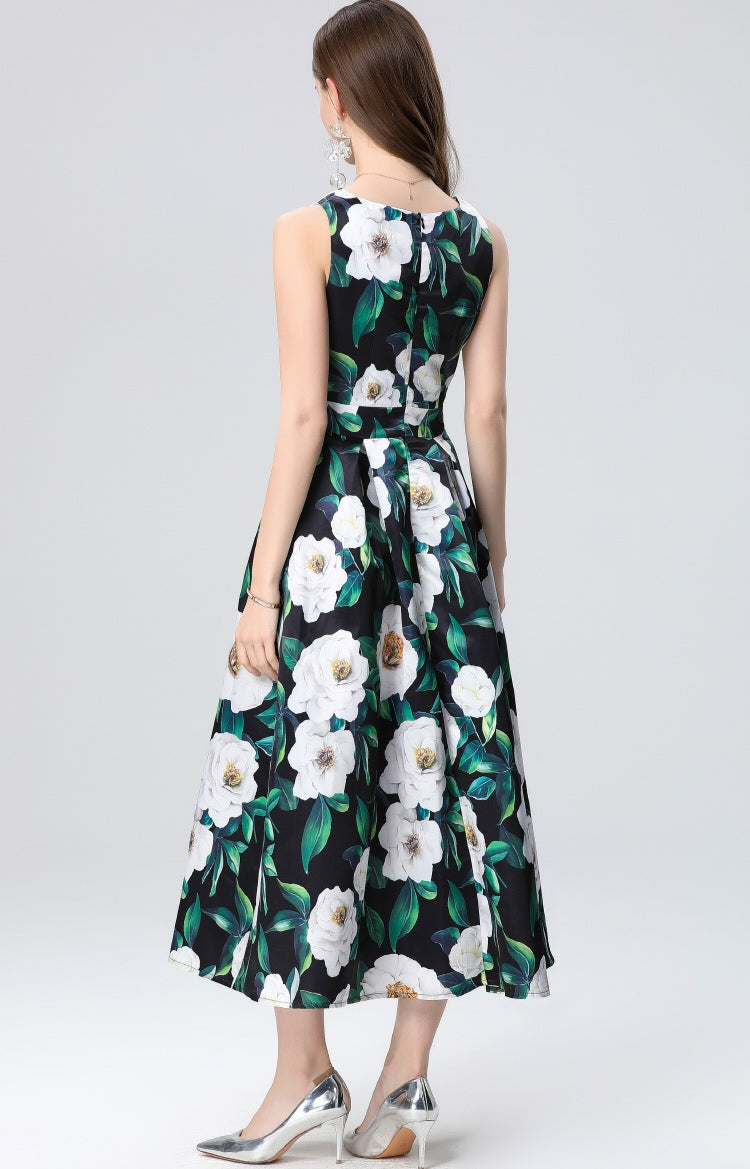 Green Floral Sleeveless Mid-length Dress