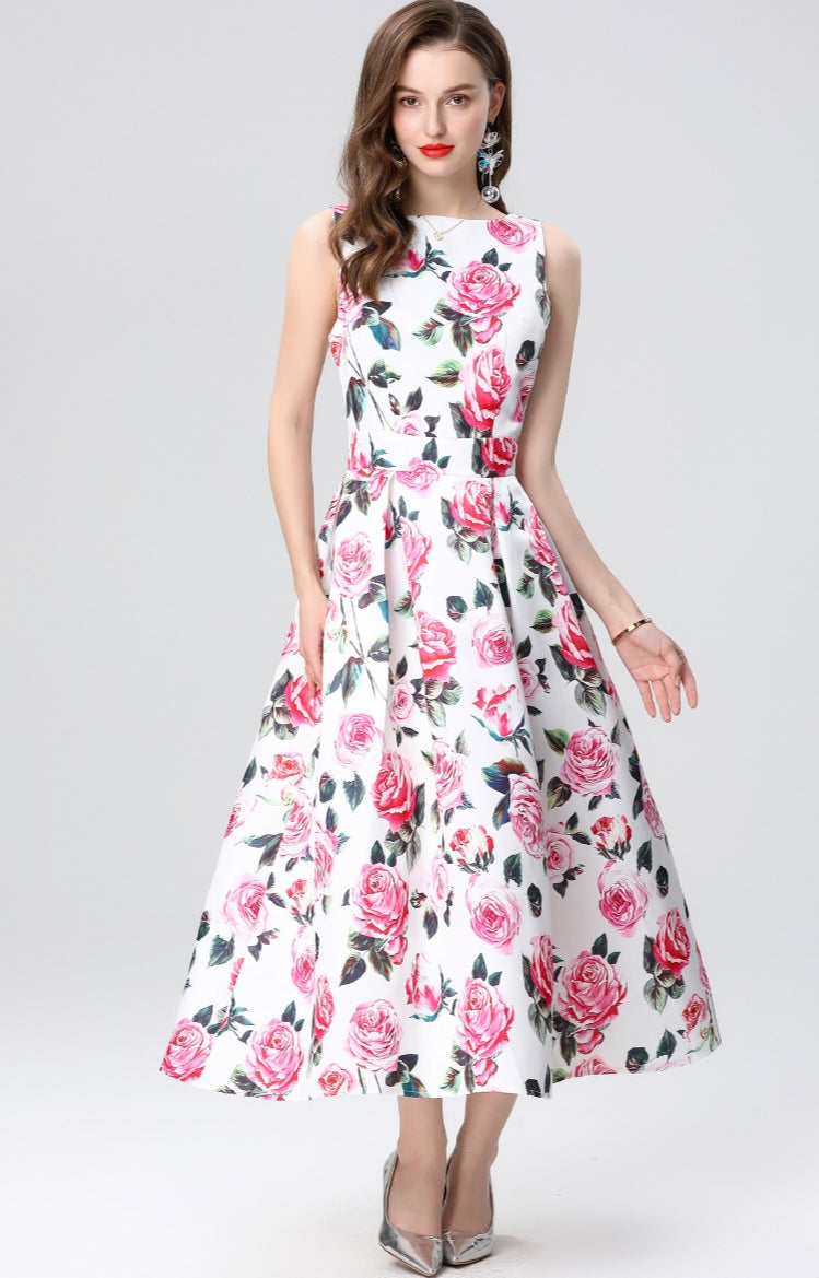 Pink Floral Sleeveless Mid-length Dress