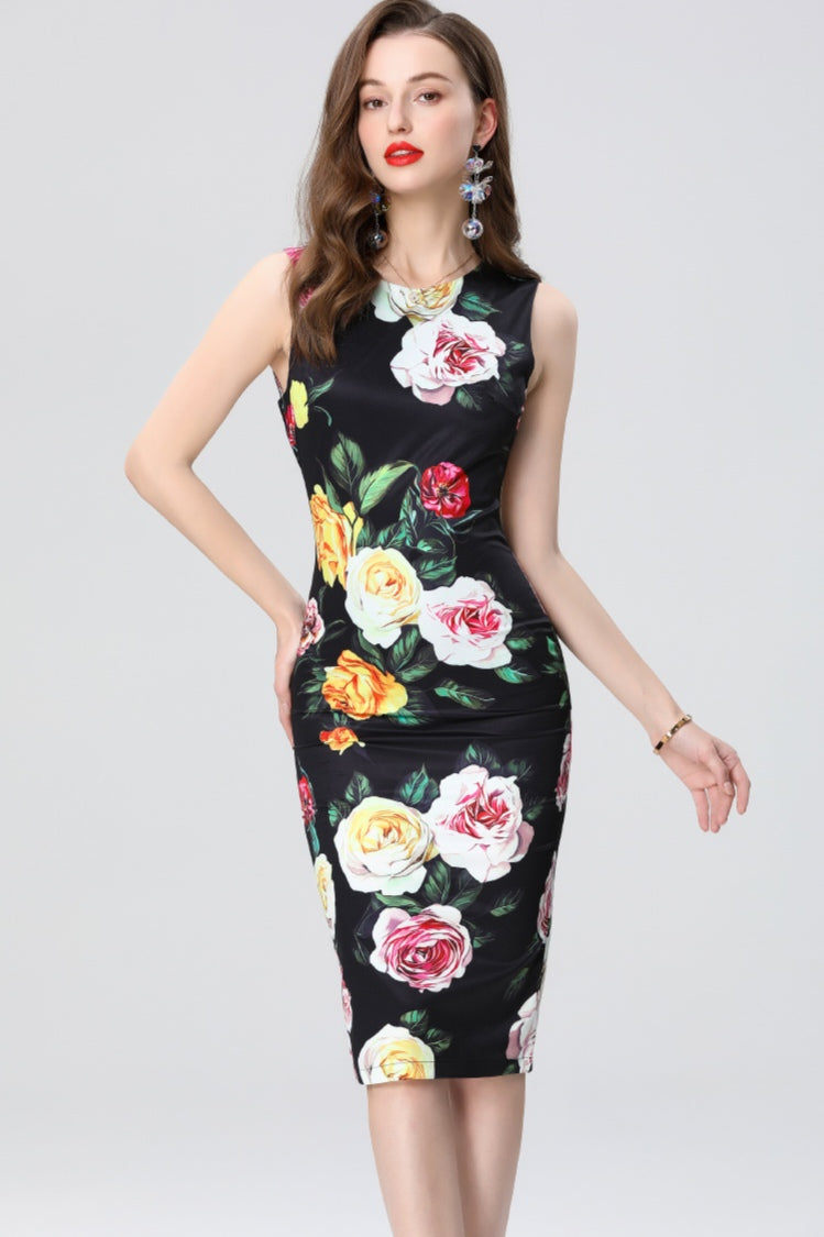 Black Floral Sleeveless Slim Dress