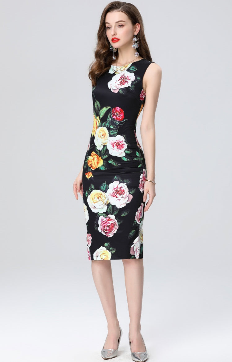Black Floral Sleeveless Slim Dress