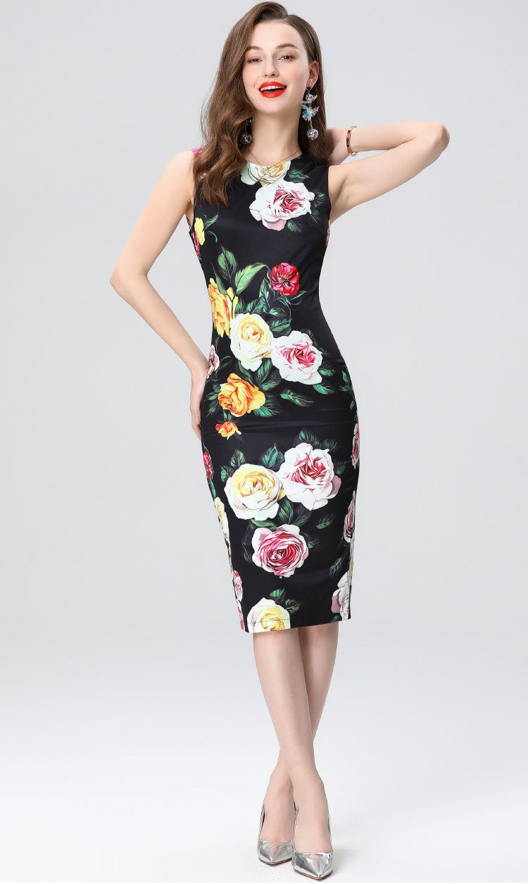 Black Floral Sleeveless Slim Dress