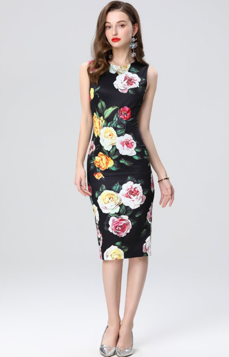 Black Floral Sleeveless Slim Dress