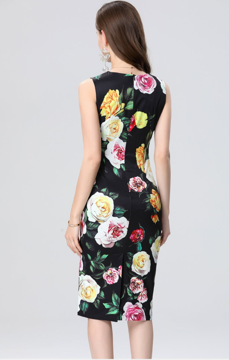 Black Floral Sleeveless Slim Dress